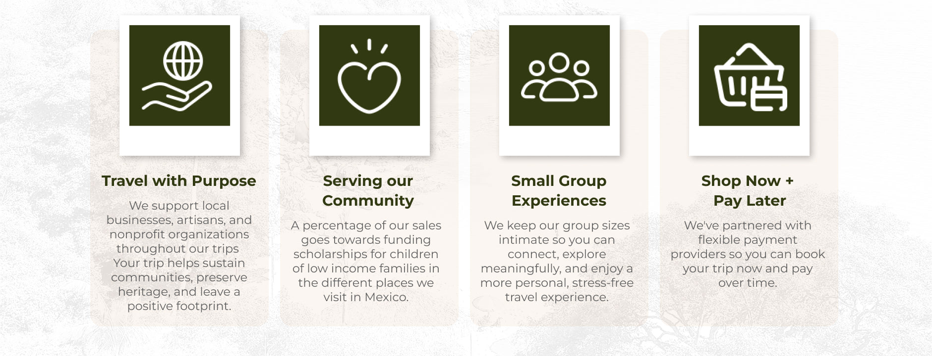 Four icons with text describing different aspects of a travel company's mission and services.